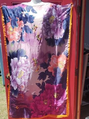 Floral Satin Kaftan with Vibrant Peony Print W/Rhinestone Embellishments. New